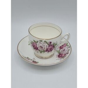 Vintage Duchess Bone China England Pink Rose Teacup Saucer Set Gold Trim Floral